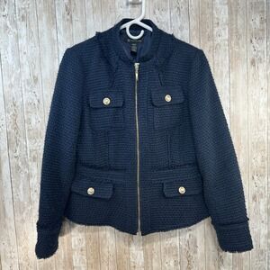 INC International Concepts Womens Navy  Tweed Bomber Jacket Gld Buttons Med